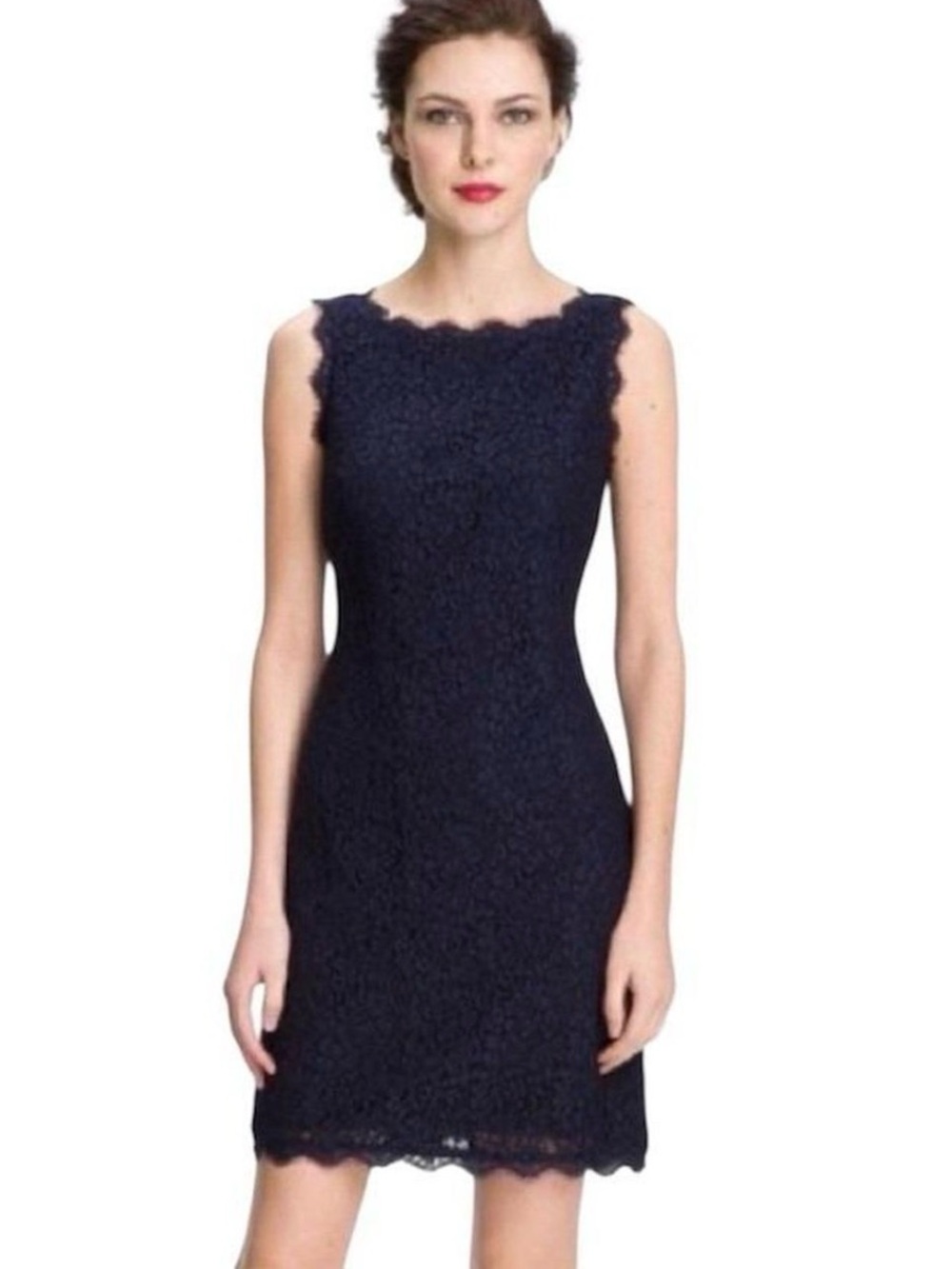 Adrianna Papell Navy Scalloped Lace Knee Length Sheath Dress